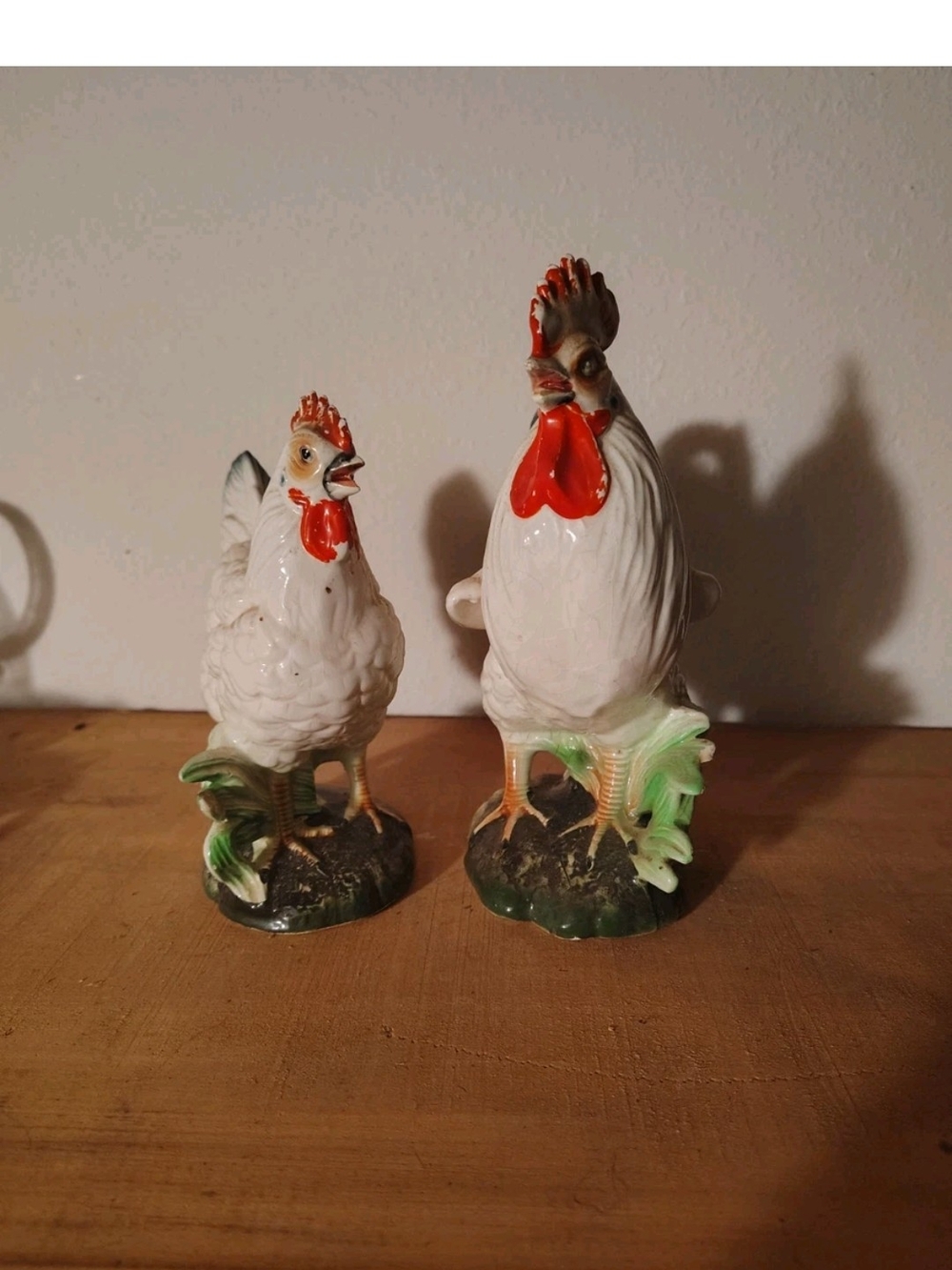 Vintage Ceramic Rooster & Hen Figurine Pair - White with Red & Green Accents